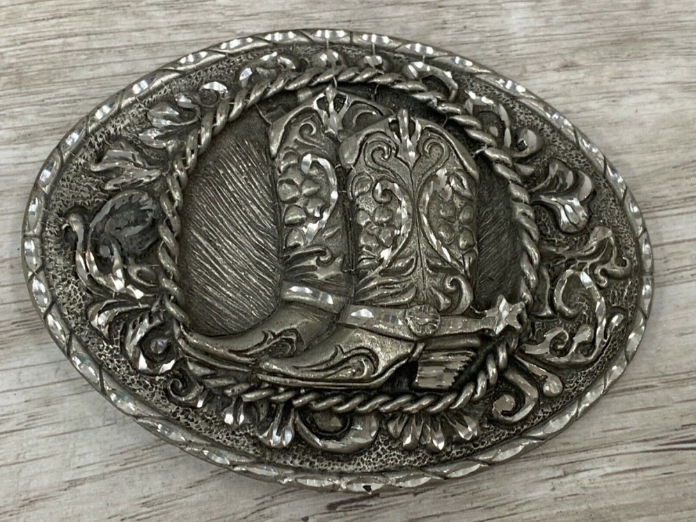 Vintage 1970s Solid Pewter Design Cowboy Cowgirl Western Boots Belt Buckle USA