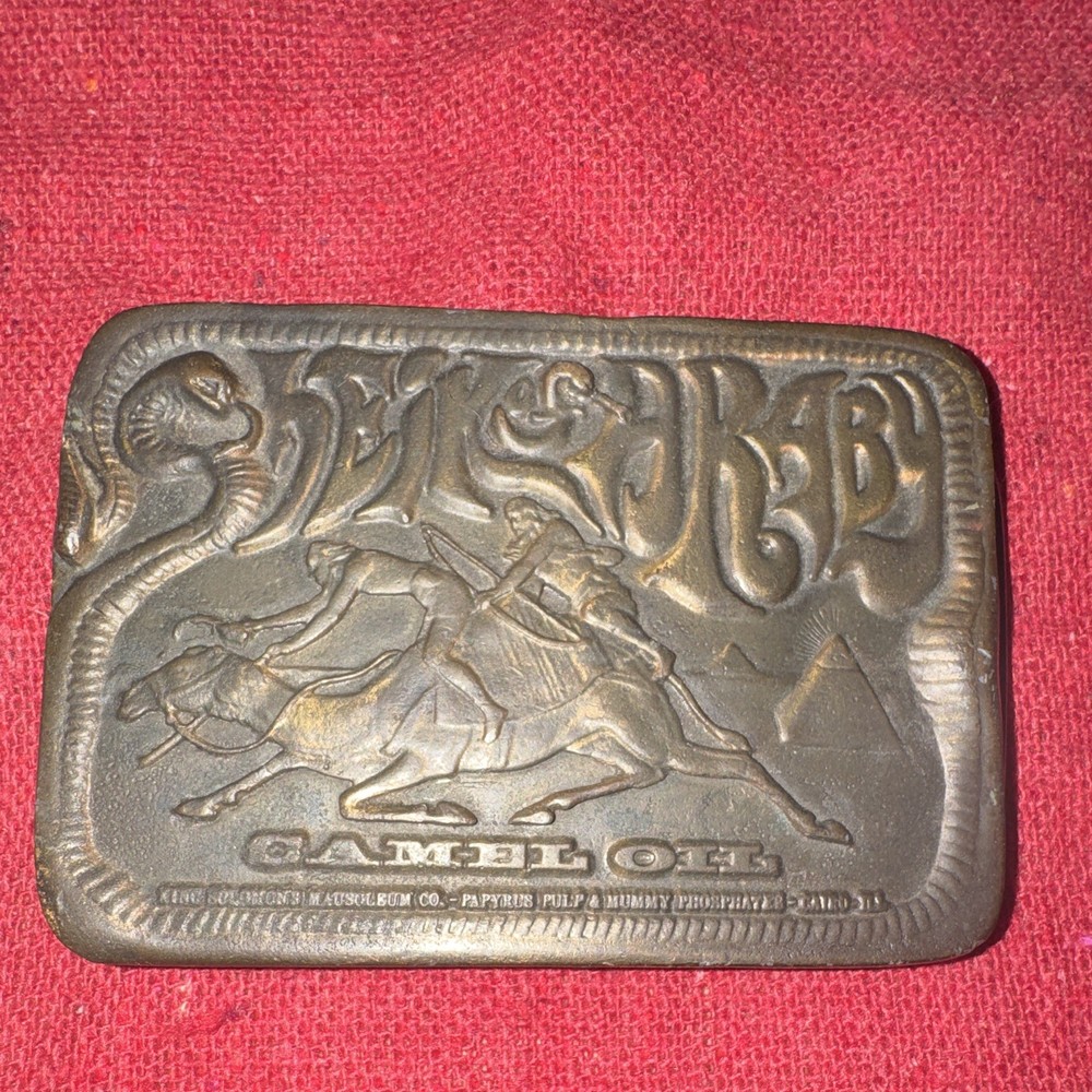 Vintage Sheik of Araby Game Oil Brass Belt Buckle Camel Rider Western 1974