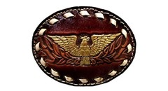 EAGLE Belt BUCKLE w/ WHITE BUCKSTITCHING Lg HANDMADE Brown LEATHER Western/Biker
