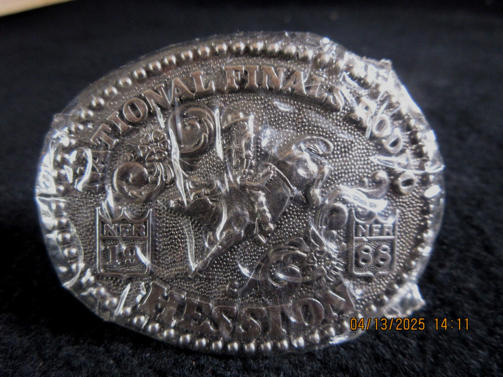 Hesston Vintage Rodeo Belt Buckle 1988 METAL Original Wrap National Finals 3×2