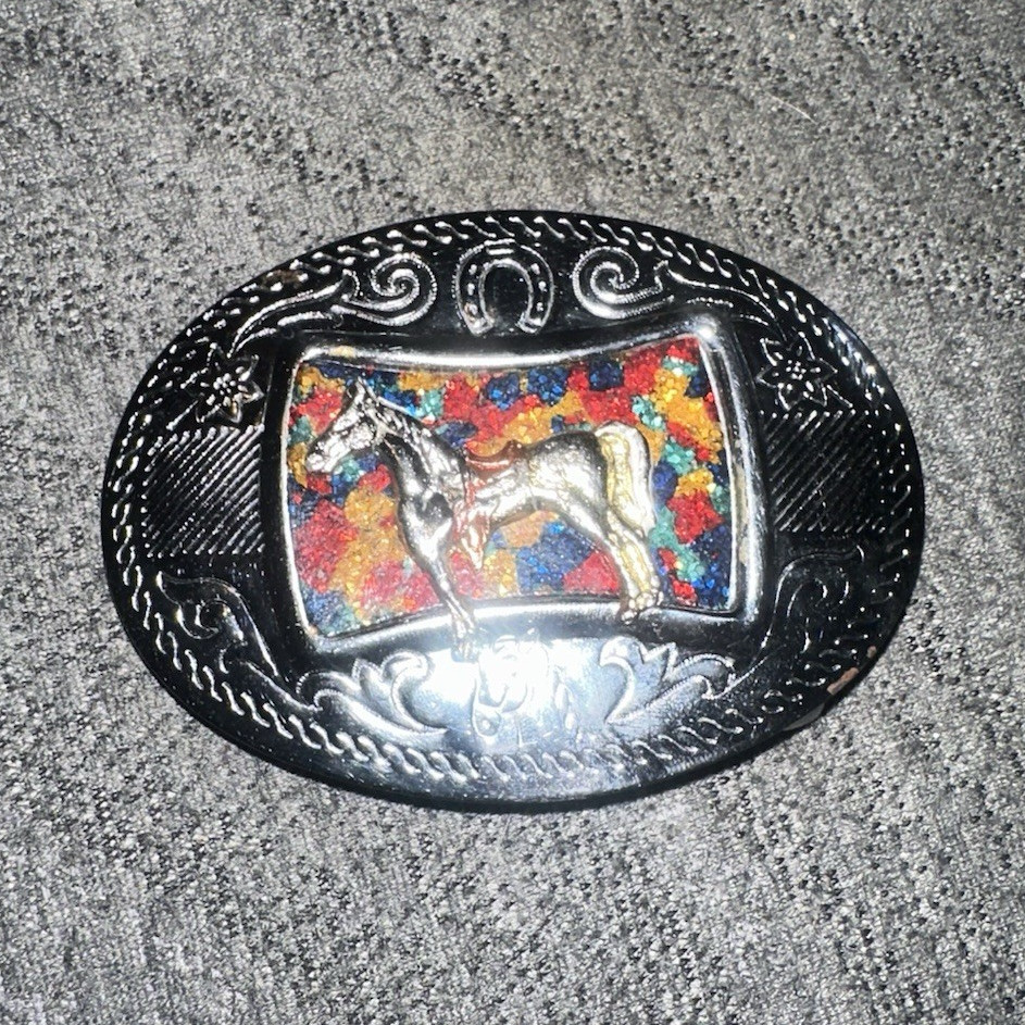 Vintage 1980s Chambers Belt Co Western Horse Belt Buckle Mosaic Glitter Enamel