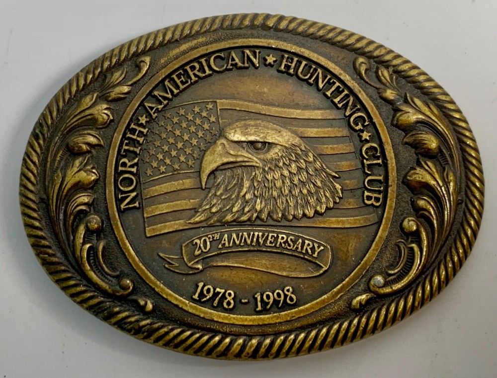 North American Hunting Club Member Belt Buckle 1978-1998 20th Anniversary Brass