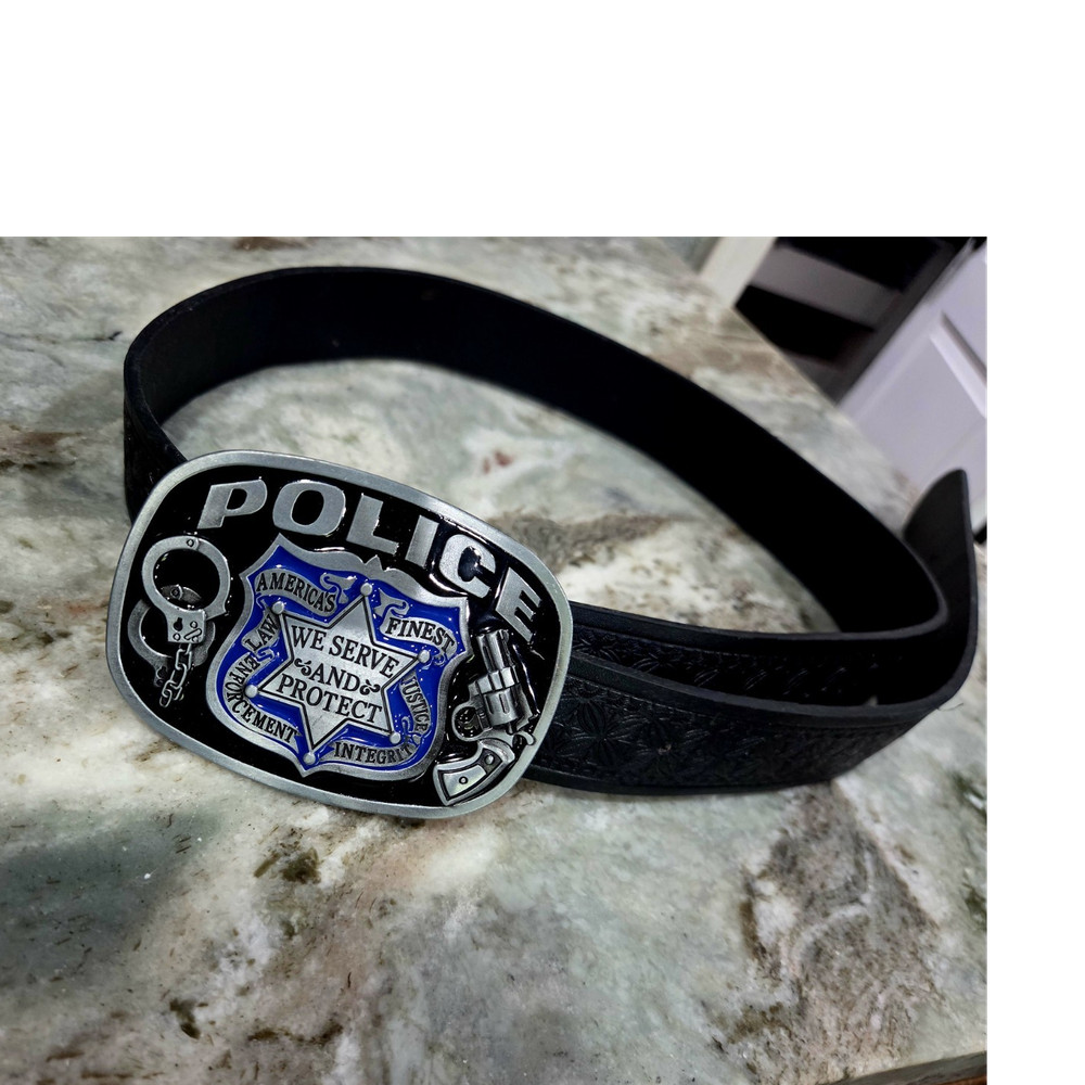 Police Law Enforcement Silver Metal Western Belt Buckle Black Leather 1.5in