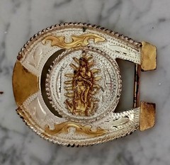 Western Rodeo Belt Buckle Virgin Mary Guadalupe Horse Shoe Silver Gold Tones
