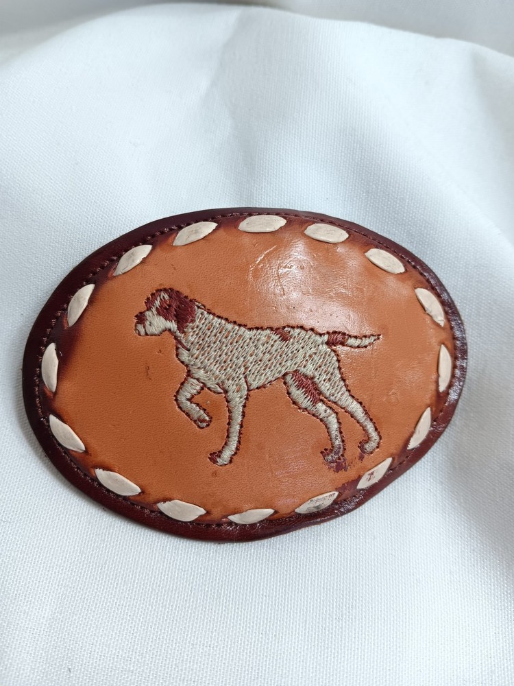 Vintage Nocona Leather Belt Buckle Pointer Hunting Dog Brown