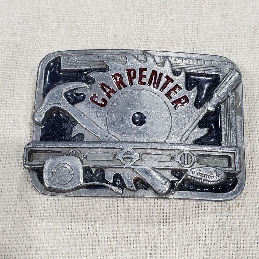 VINTAGE CARPENTER BELT BUCKLE SILVER METAL C&J INC 1994 COLLECTIBLE MENSWEAR DAD