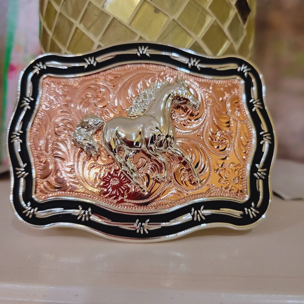 Running horse Western belt Buckle Rose Tone silver 1.5 2 » belt 4.5 x 3.5 inch