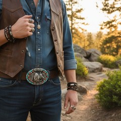 Men Silver Metal Buckle Western Native Indian Warrior Horse Jeans Pant Accessory