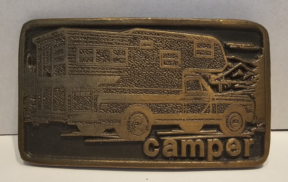 Vintage, 1975, FORD TRAVEL TRAILER / CAMPER, Brass Belt Buckle MENS Collectible