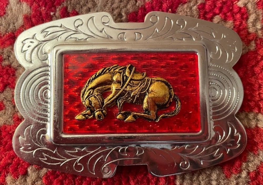 Belt Buckle Silver, Red and Gold Horse