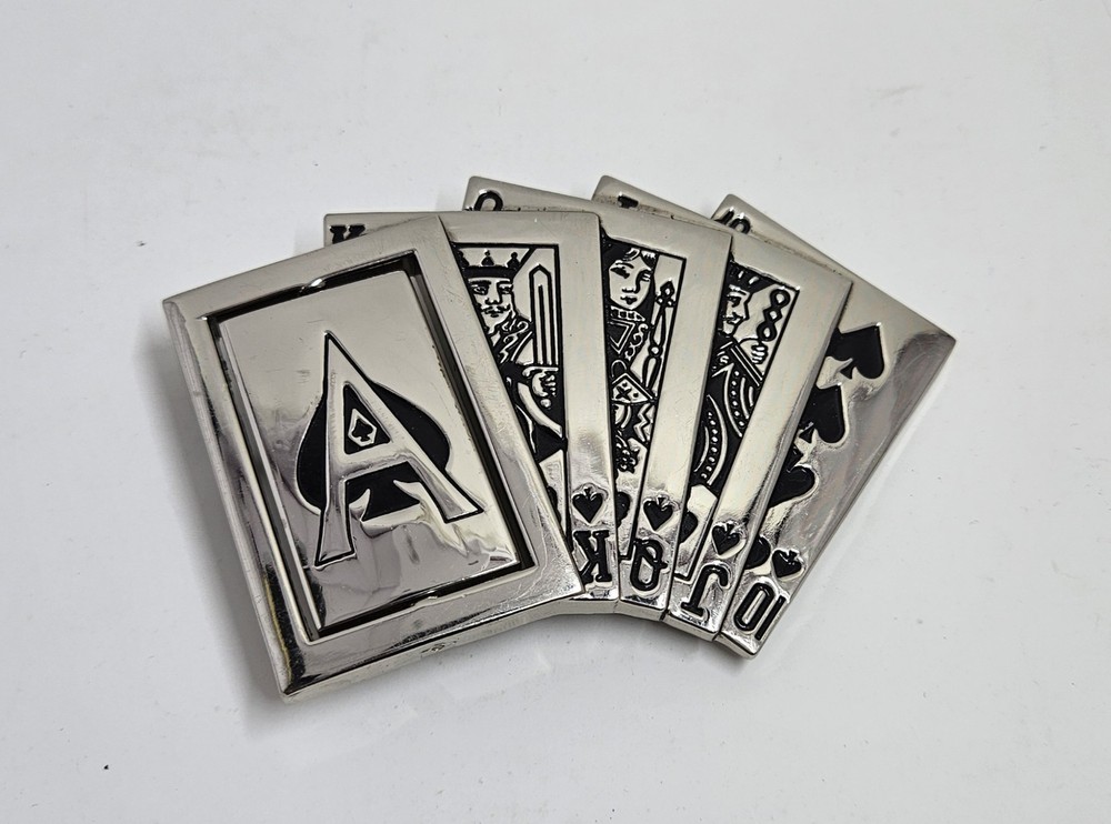 Casino playing cards silver belt buckle Royal Flush Poker belt buckle Ace Spins