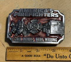 1983 AMERICA&rsquo;S FIREFIGHTERS BELT BUCKLE -EVER READY EVER WILLING Colorful Enamel