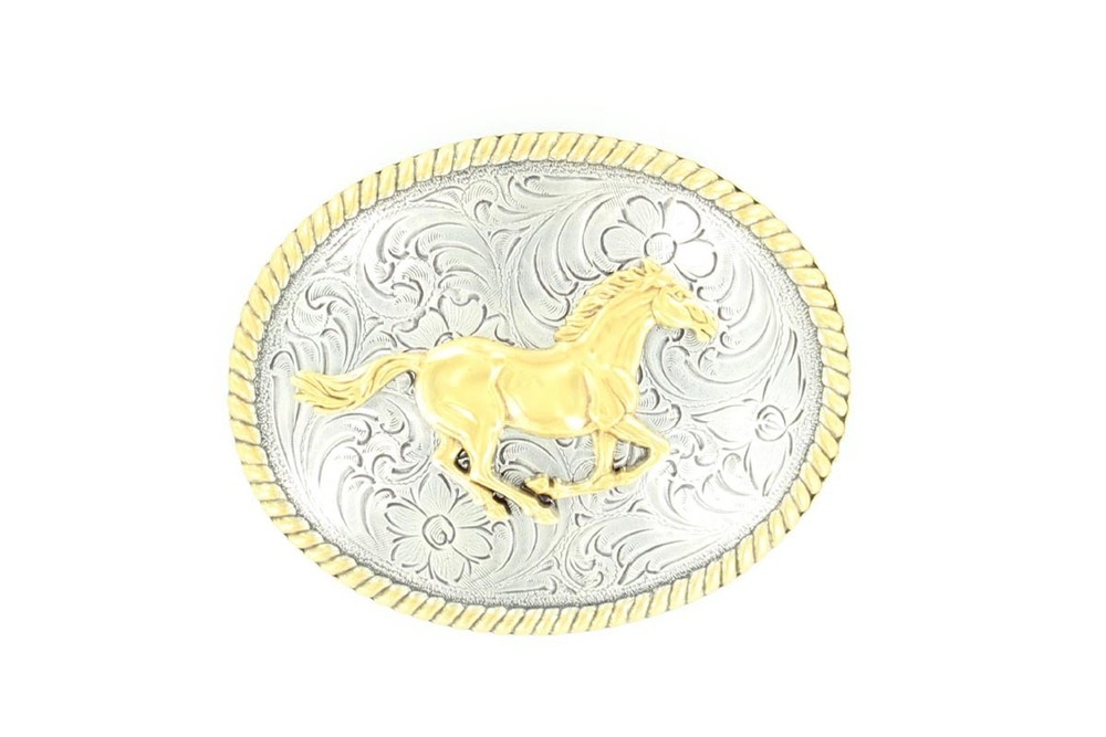 Running Horse Mustang ~WESTERN BELT BUCKLE~ NOCONA Silver Gold, Oval Square