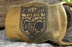 Vintage YUKON Public Safety Solid Brass Belt Buckle Police Fire Badge 2×3”