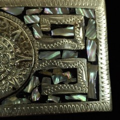 Mexican Alpaca Silver Abalone Shell Inlay Aztec Calendar Belt Buckle Western