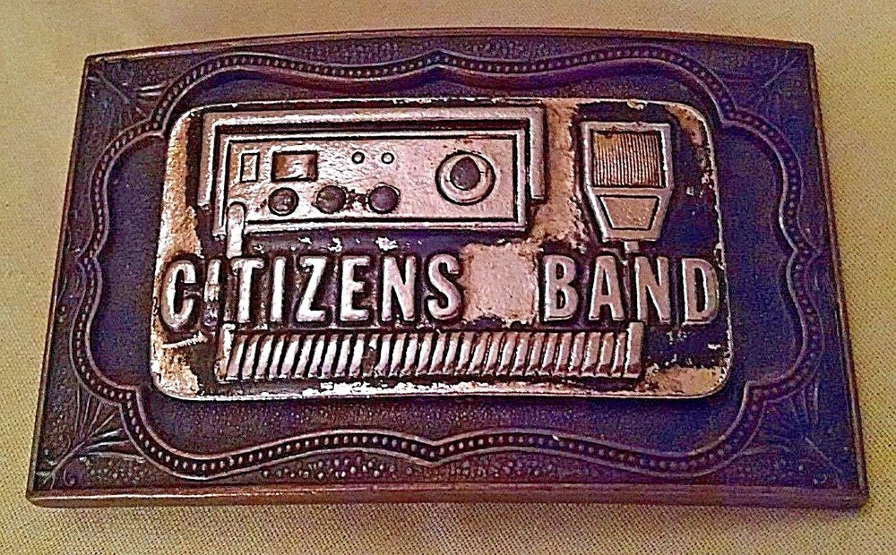 CB RADIO BELT BUCKLE CITIZENS BAND GOLD COPPER COLOR METAL RECTANGULAR UNMARKED.