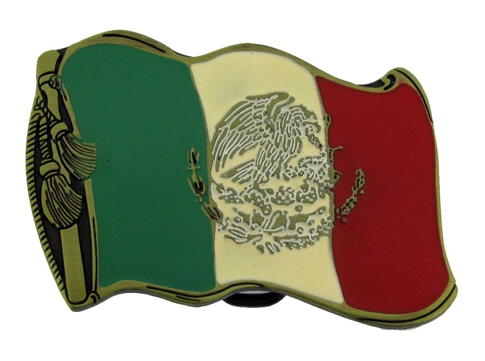 Wavy Mexico Flag Belt Buckle Western Cowboy Rodeo Mexican Men Women Brass Metal