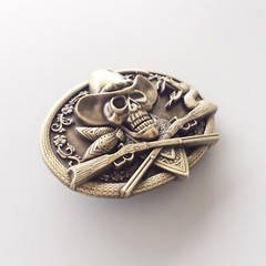 Vintage Bronze Plated Skull Rifles Cowboy Metal Oval Belt Buckle