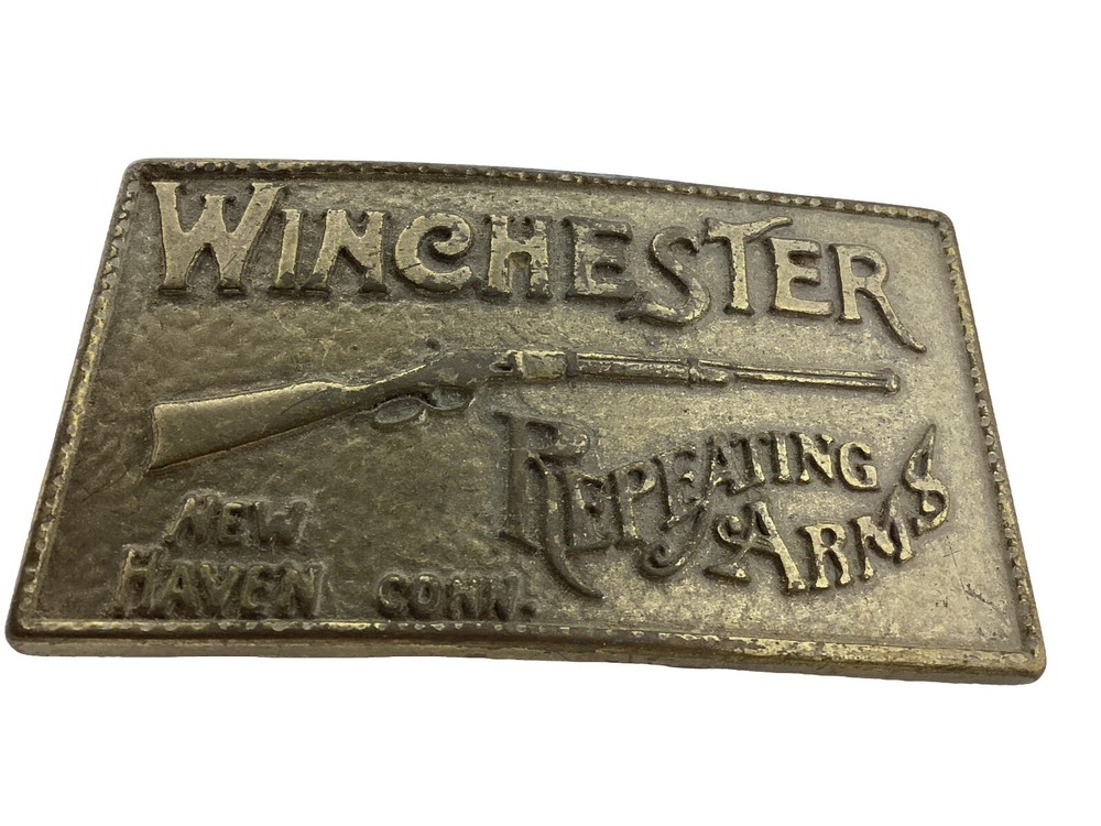 1970s Vtg WINCHESTER Guns belt buckle “Repeating Arms” WESTERN BRASS Tone
