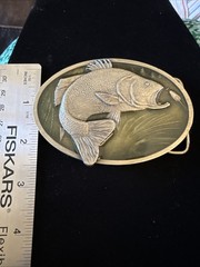Bergamot Brass Works Bass Belt Buckle Vintage 1977 X-144. Made In USA Fishing
