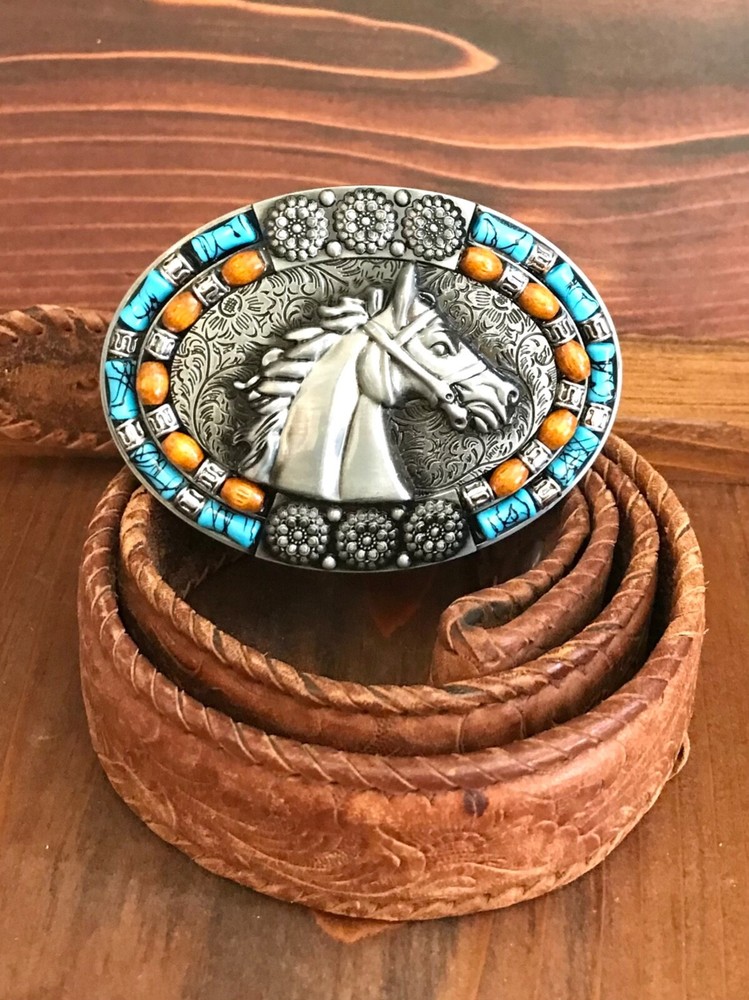 Belt Buckle Brass horse head with turquoise and rust inlaid stone Men women