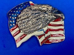 Patriotic American Eagle Head over wavy USA American Flag 4&Prime; belt buckle