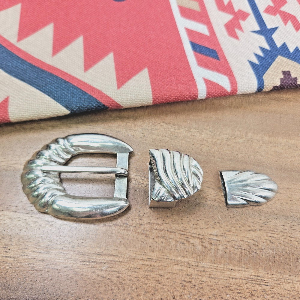 Vintage Sterling Silver 925 Taxco Mexico Western Belt Buckle, Keeper, Tip Set