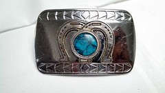 Vintage Chrome Plated Metal Belt Buckle Brass Horse Shoes Faux Turquoise Center