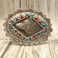 Vtg Great American Products Belt Buckle Pewter Wolf Enamel Oval Western 90s GAP