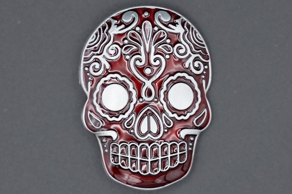 Monster Steel Sugar Skull Belt Buckle Day of the Dead Calavera Red Enamel Silver
