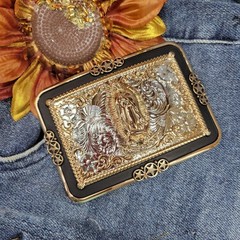 Virgen De Guadalupe Western Belt Buckle Rose Tone & Silver Cowboy Rodeo Buckle