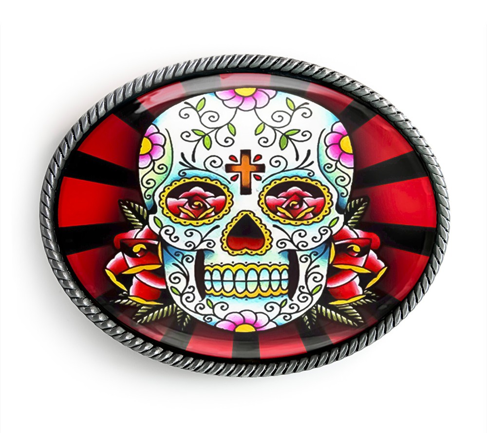 Day of the Dead Belt Buckle – Handmade Sugar Skull Tattoo Belt Buckle – 61