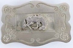 Vintage 70s Rockabilly Silver Nickel Flower Bucking Horse Bronco Belt Buckle