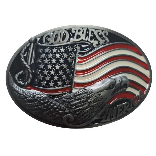 Metal God Bless America Belt Buckle Red, White, and Blue