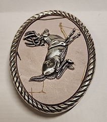 Nocona Belt Buckle Camo Deer Rope Edge Silver Tone Oval Leaping White Tail