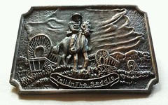 TALL IN THE SADDLE HORSE WESTERN SETTLER GOING WEST COVERED WAGON BELT BUCKLE