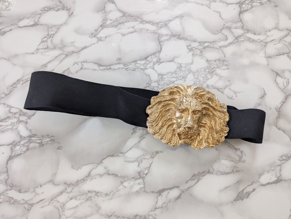 Vintage Lion Head Oversize Gold Metal Belt Buckle Elastic Fashion Belt 80&rsquo;s 90&rsquo;s