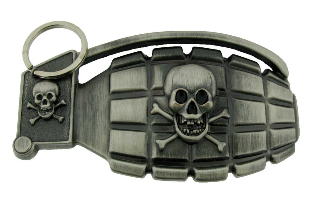 The GRENADE Belt Buckle SKULL CROSSBONES GREY Army Big Device METAL women MEN