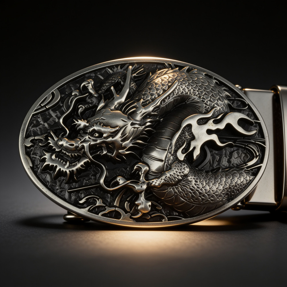 Antique Silver Tone Dragon Belt Buckle Oval 3D Chinese Men Western Biker Gothic