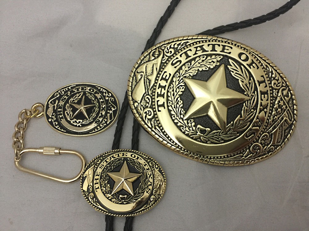 3 piece set Texas Seal Set: Belt Buckle, Bolo and Key Ring (Gold)