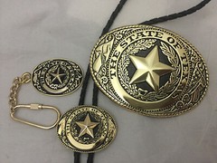 3 piece set Texas Seal Set: Belt Buckle, Bolo and Key Ring (Gold)