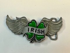 Irish Lucky Four 4 Leaf Clover W/ Wings Cutout Green & Silver Belt Buckle