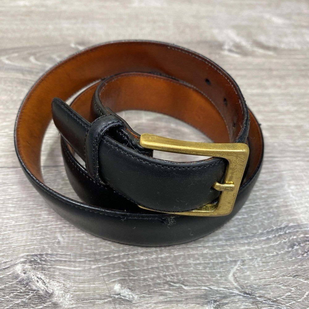 Trafalgar Belt Mens 38 Black Leather Brass Buckle Hand Polished Dress Classic