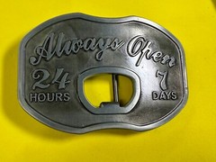 Always Open 24 / 7 Belt Buckle and Bottle Opener – Perfect Bar Pickup Line!