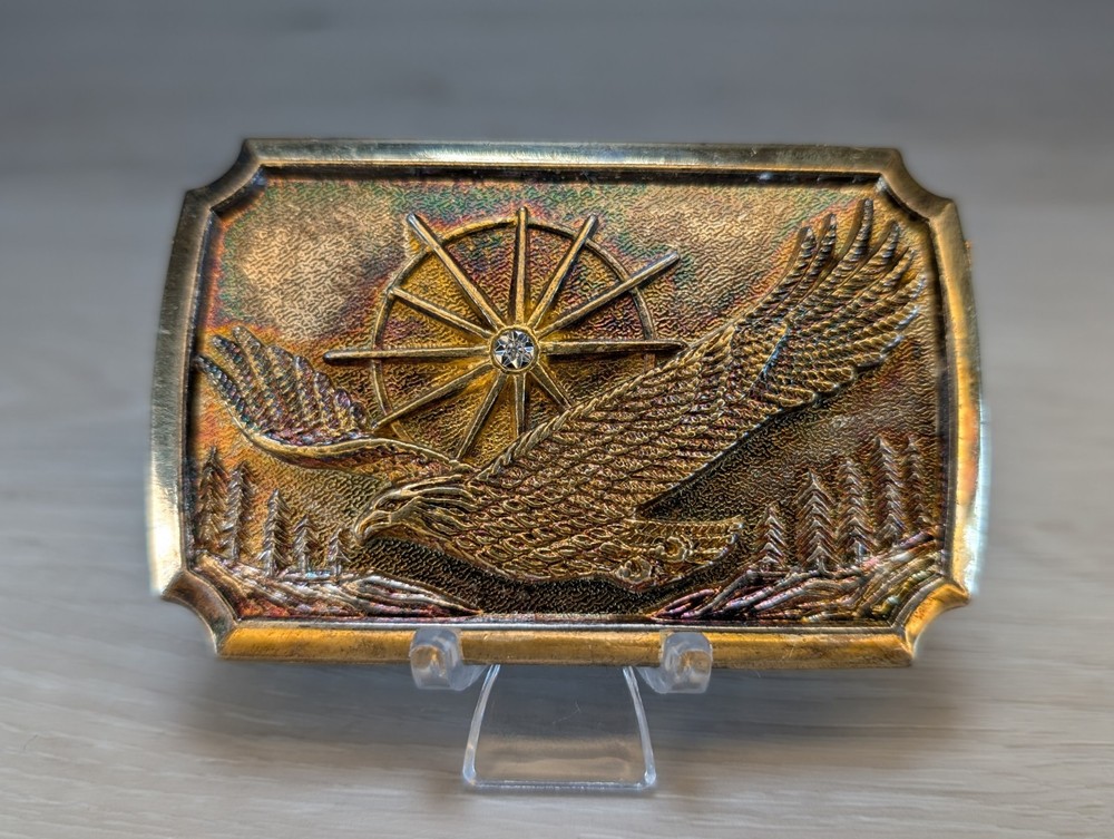 Vintage American Soaring Eagle Solid Brass Belt Buckle w/ Diamond Crystal