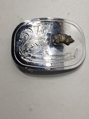 Vintage Western Engraved Belt Buckle Armadillo Overlay Silver Tone Cowboy