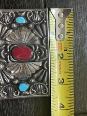Vintage Native American Mexico Silver Turquoise & Coral Belt Buckle – 56 G