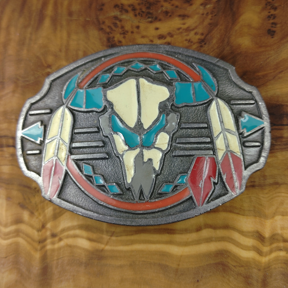 Southwestern Tribal Ox Skull Feather Enamel Belt Buckle