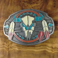 Southwestern Tribal Ox Skull Feather Enamel Belt Buckle
