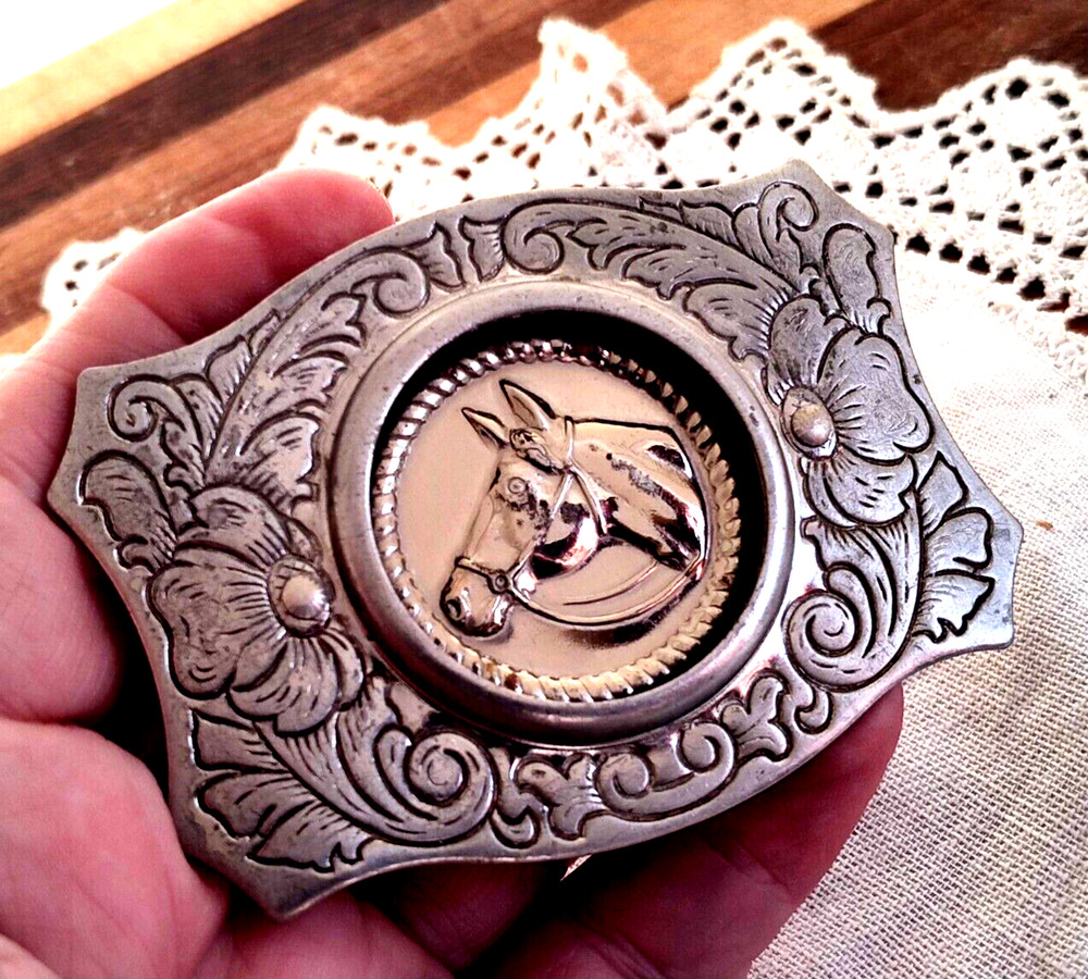 Belt Buckle w Horse Head Silver Tone Metal Western Style